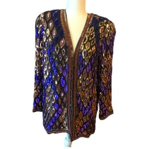 Vintage Oleg Cassini Black Tie  gold/ purple silk sequins and beads jacket sz S
